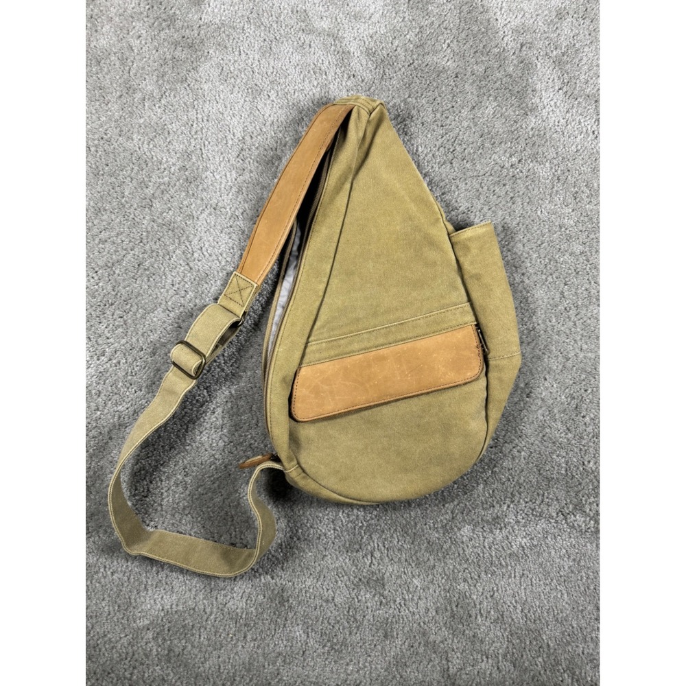 LL Bean AmeriBag Healthy Back Bag Khaki Canvas Leather Sling 0ALX9